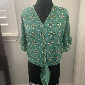 Max Studio Teal Floral Wrap Blouse